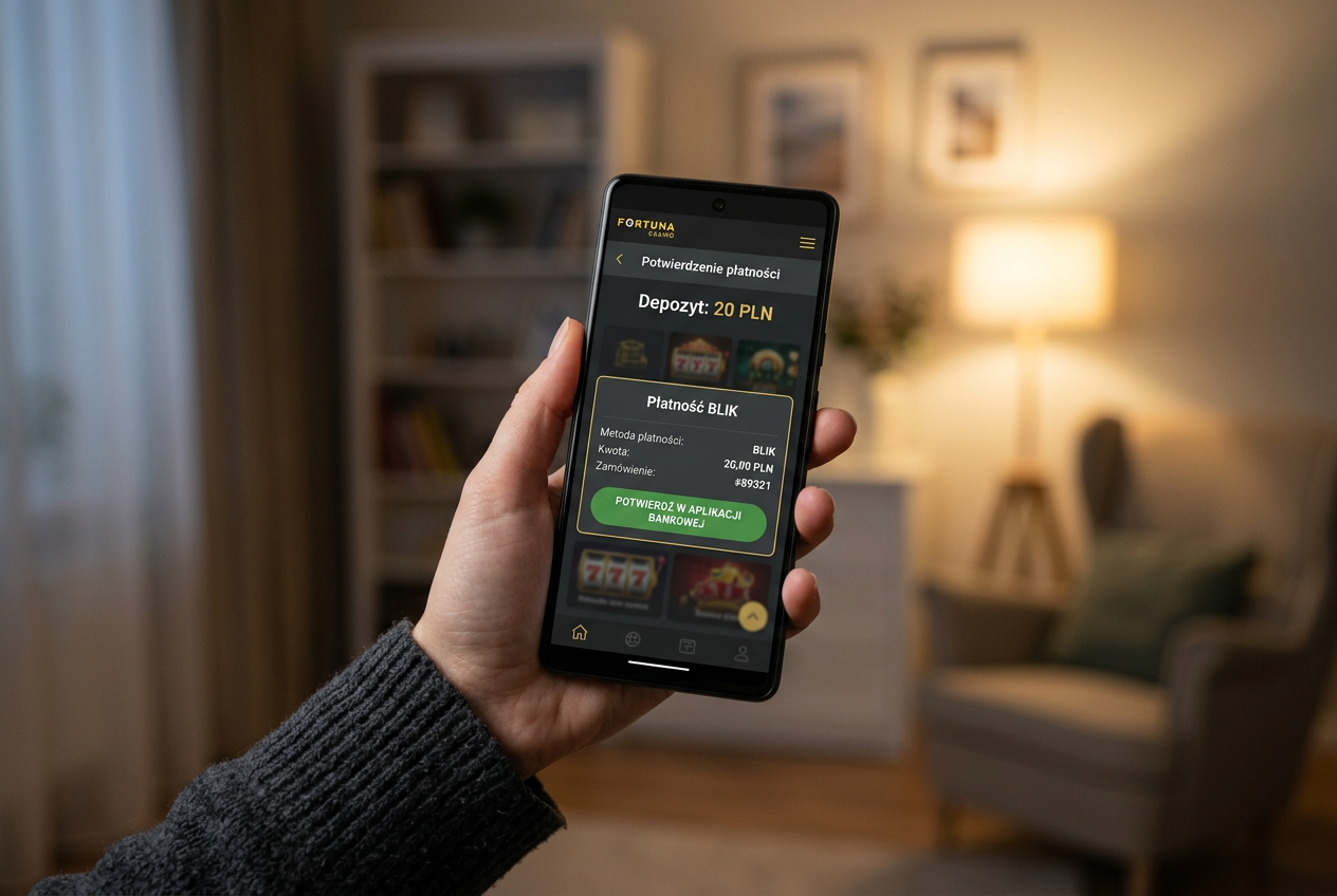 A person confirming a BLIK payment on a smartphone for an online casino app.
