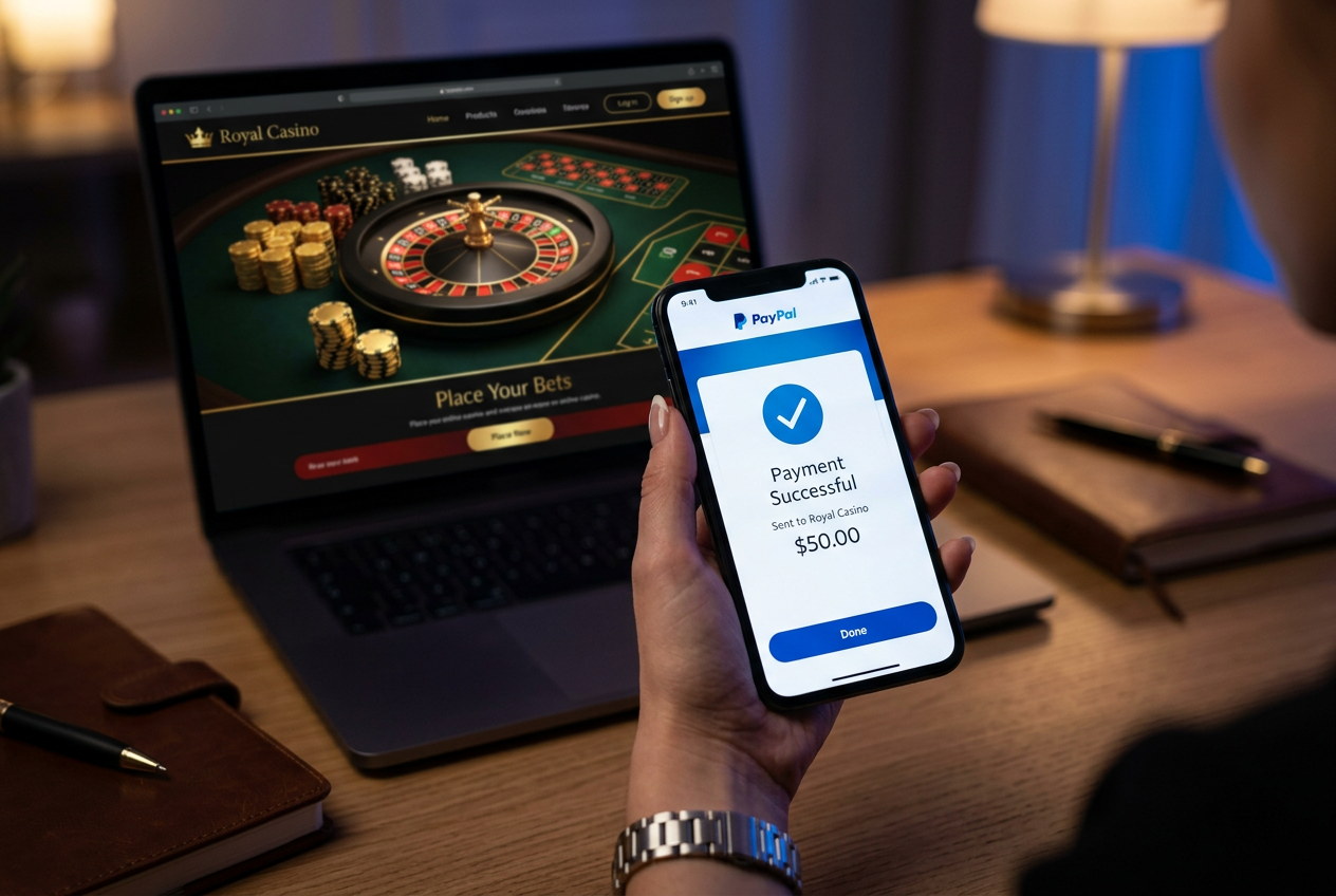Digital visualization of a secure PayPal transaction in an online casino environment.