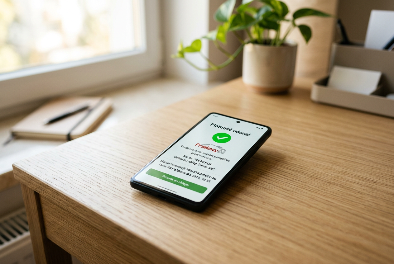 Smartphone screen showing a successful Przelewy24 payment confirmation.
